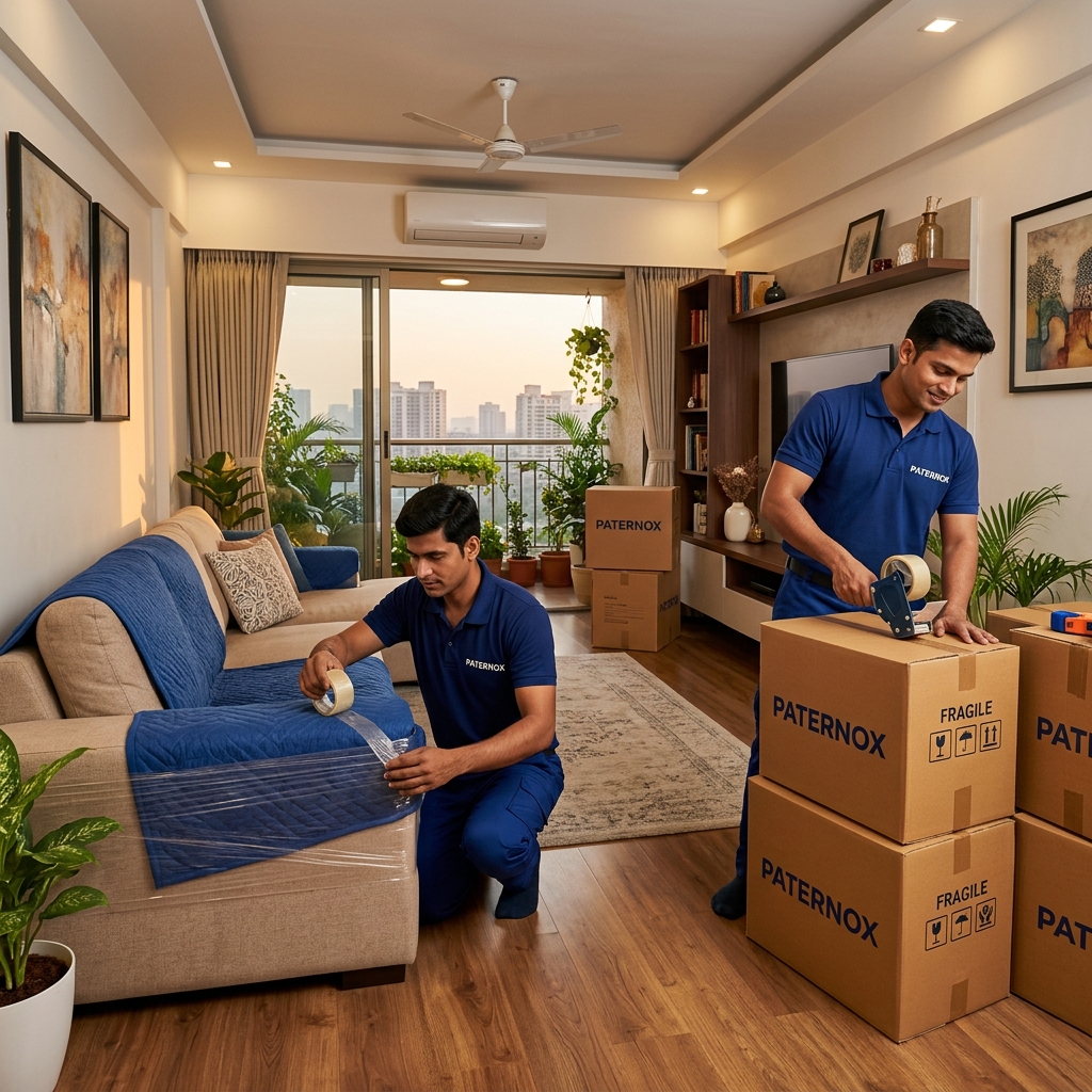 Movers packing household boxes